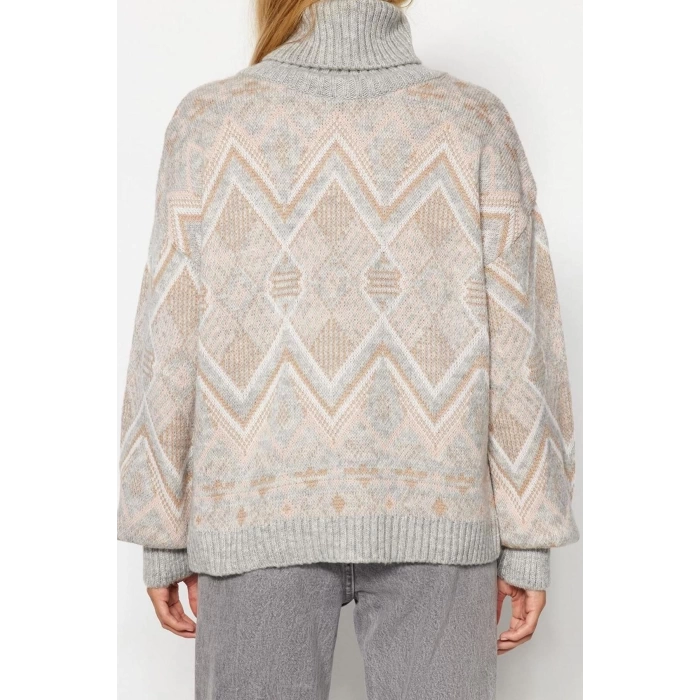 Women Fashion Stylish Regular Turtleneck Long Sleeve Ethnic Patterned Soft Texture Turtleneck Knitwear Sweater