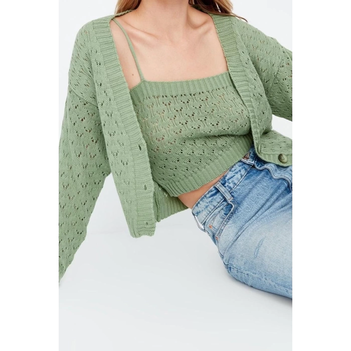 Women Fashion Stylish Crop V Neck Long Sleeve Openwork Hole Crop Knitwear Cardigan