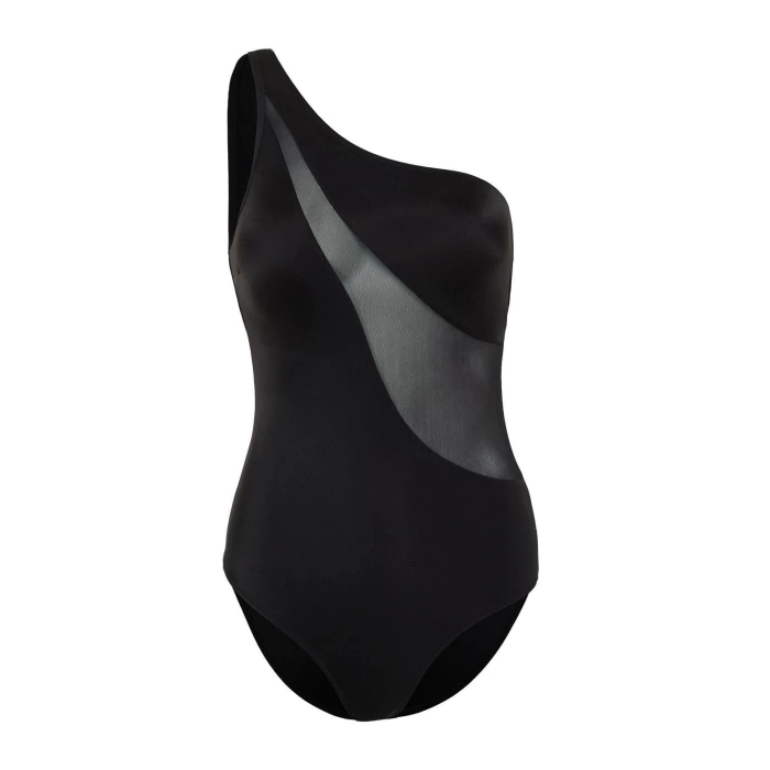 Womens Supported Strappy Brief Collar Black One Shoulder Mesh Detail Regular Swimsuit