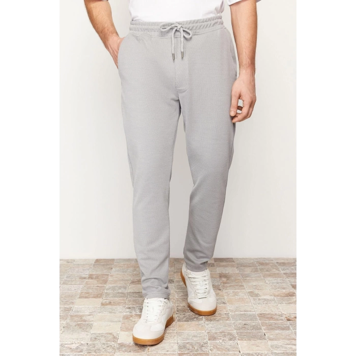 Mens New Fashion Straight Leg Regular Length Knitted Jogger Fit Waist Lace-Up Textured Knitted Casual Pants