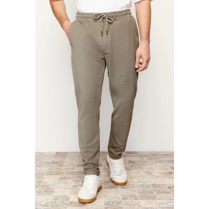 Mens New Fashion Straight Leg Regular Length Knitted Jogger Fit Waist Lace-Up Textured Knitted Casual Pants