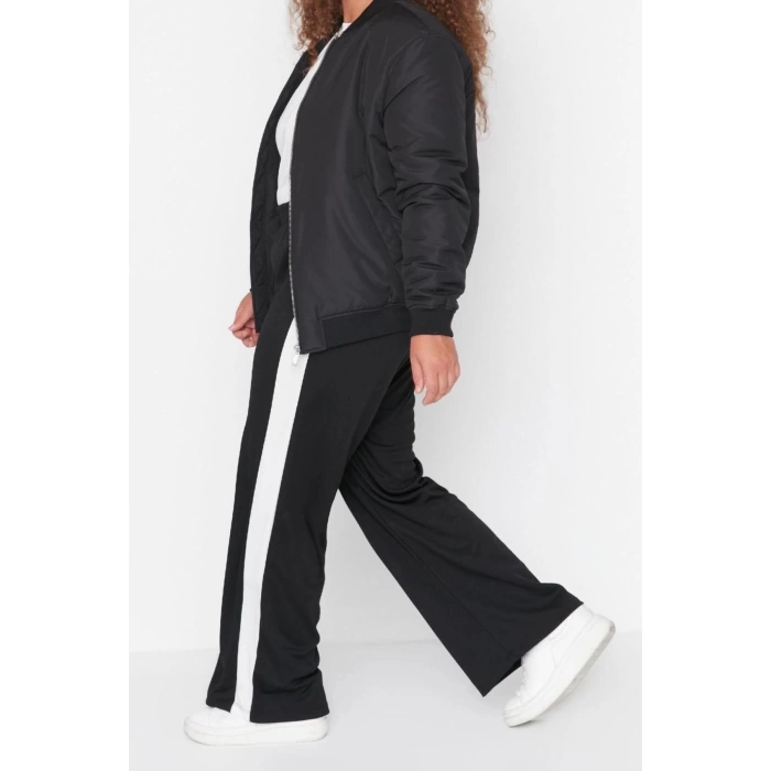 Kadın Moda Büyük Beden Geniş Paça Uzun Boy Örme Beli Lastikli Şerit Detaylı Geniş Paça Örme Pantolon