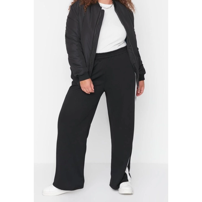 Kadın Moda Büyük Beden Geniş Paça Uzun Boy Örme Beli Lastikli Şerit Detaylı Geniş Paça Örme Pantolon