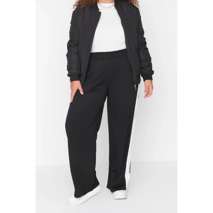 Kadın Moda Büyük Beden Geniş Paça Uzun Boy Örme Beli Lastikli Şerit Detaylı Geniş Paça Örme Pantolon
