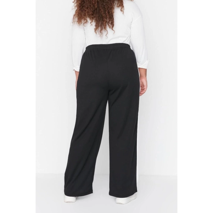 Kadın Moda Büyük Beden Geniş Paça Uzun Boy Örme Beli Lastikli Şerit Detaylı Geniş Paça Örme Pantolon