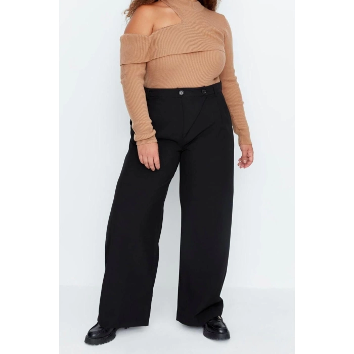 Kadın Büyük Beden Geniş Paça Uzun Boy Dokuma Çift Düğmeli Asimetrik Patlı Bol Paça Kumaş Pantolon