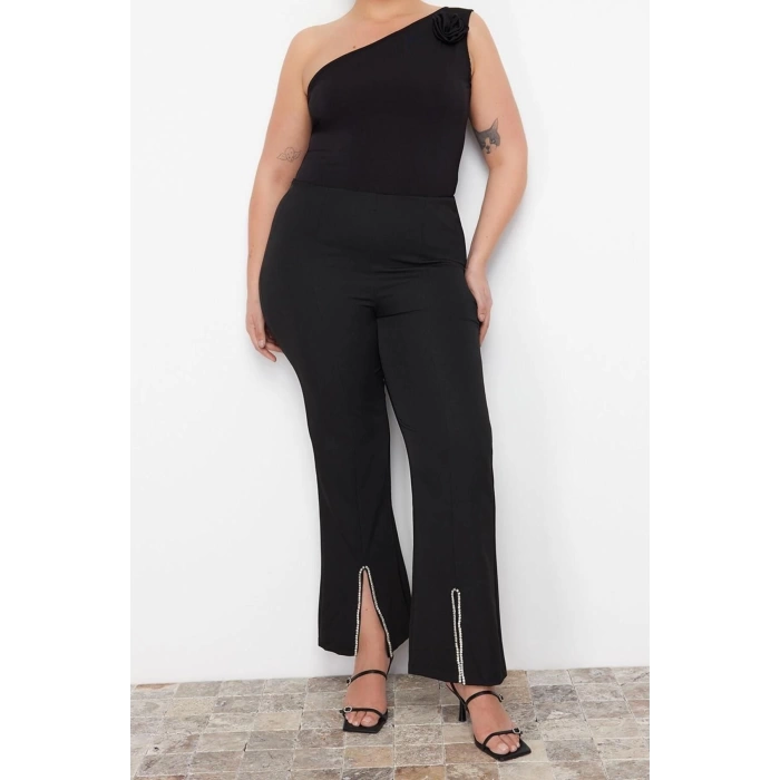 Kadın Yeni Moda Büyük Beden Boru Paça Uzun Boy Dokuma Taş Detaylı Finike Kumaş Pantolon