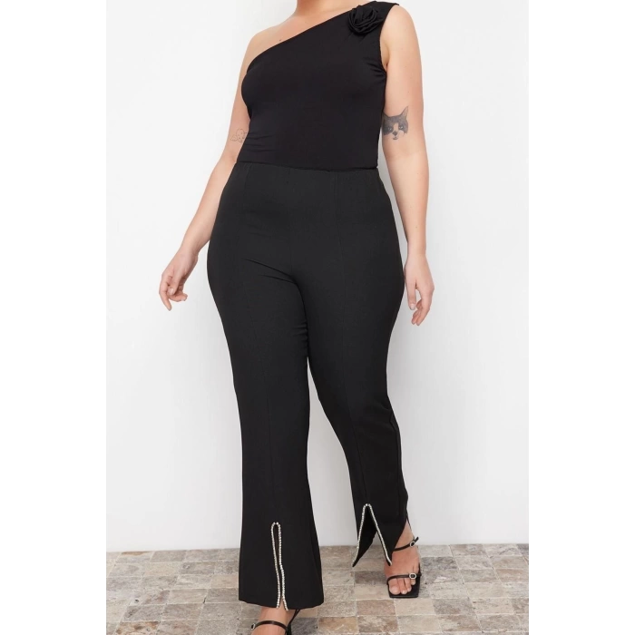 Kadın Yeni Moda Büyük Beden Boru Paça Uzun Boy Dokuma Taş Detaylı Finike Kumaş Pantolon