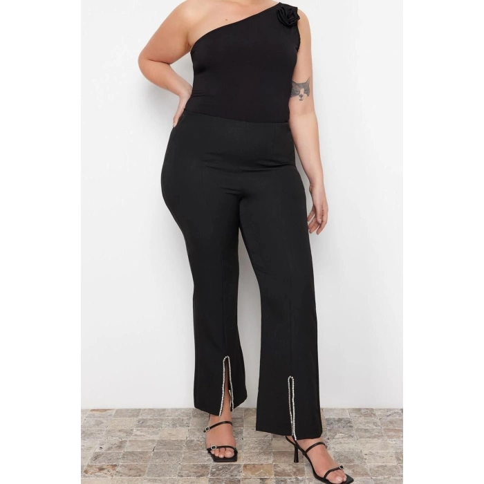 Kadın Yeni Moda Büyük Beden Boru Paça Uzun Boy Dokuma Taş Detaylı Finike Kumaş Pantolon