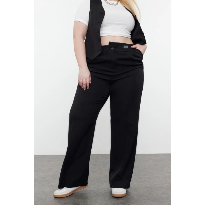 Kadın Yeni Moda Büyük Beden Geniş Paça Uzun Boy Dokuma Wide Leg Geniş Paça Etiketli Kumaş Pantolon