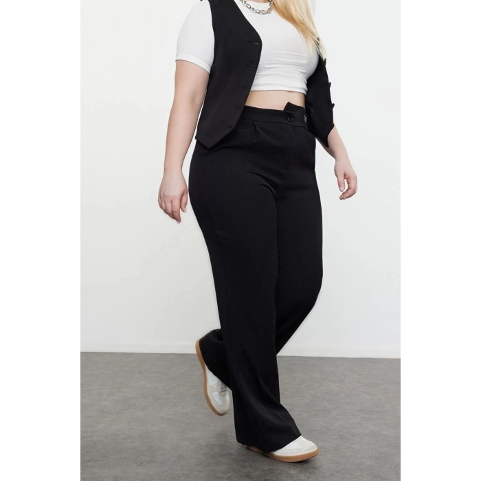 Kadın Yeni Moda Büyük Beden Geniş Paça Uzun Boy Dokuma Wide Leg Geniş Paça Etiketli Kumaş Pantolon