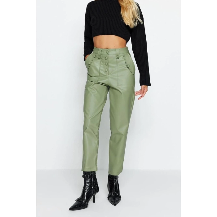 Womens New Fashion Skinny Leg Regular Length Woven Green Carrot Front Button Faux Leather Trousers