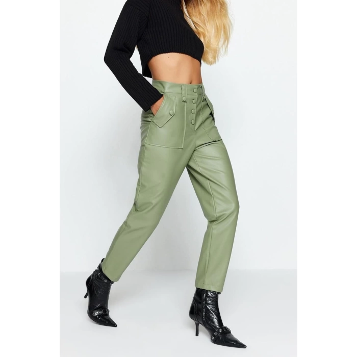 Womens New Fashion Skinny Leg Regular Length Woven Green Carrot Front Button Faux Leather Trousers