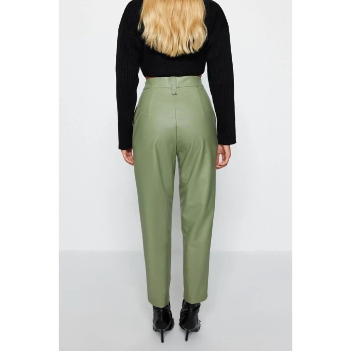 Womens New Fashion Skinny Leg Regular Length Woven Green Carrot Front Button Faux Leather Trousers