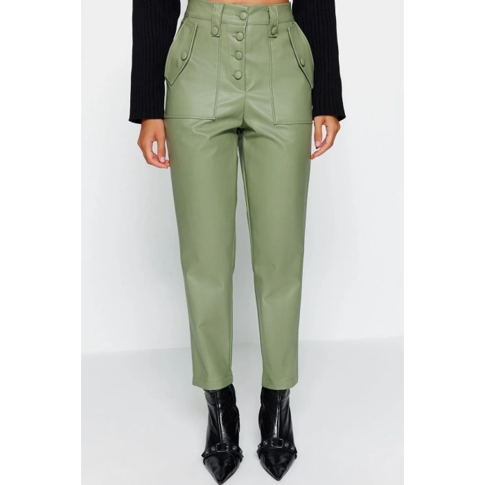 Womens New Fashion Skinny Leg Regular Length Woven Green Carrot Front Button Faux Leather Trousers