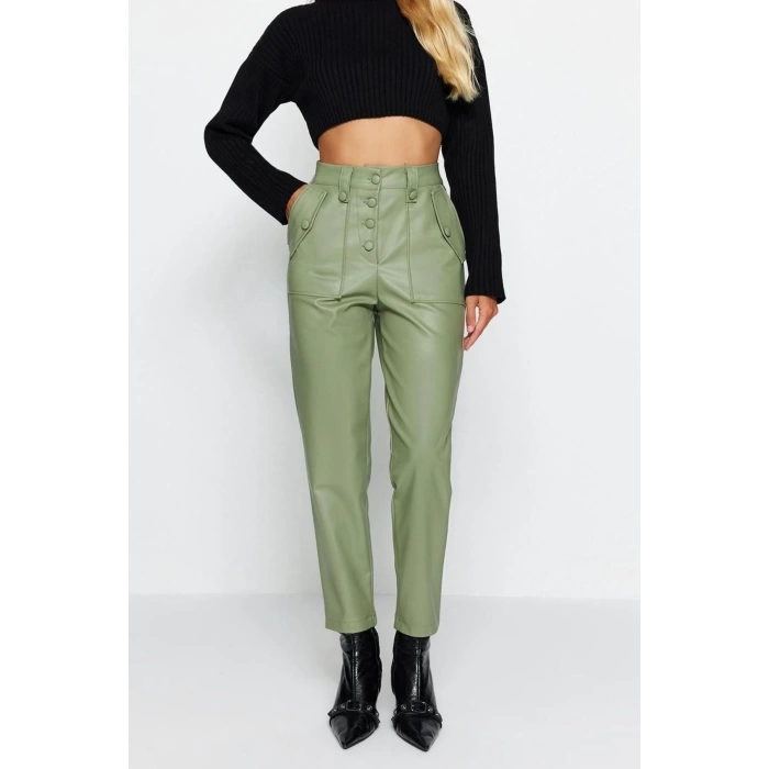 Womens New Fashion Skinny Leg Regular Length Woven Green Carrot Front Button Faux Leather Trousers