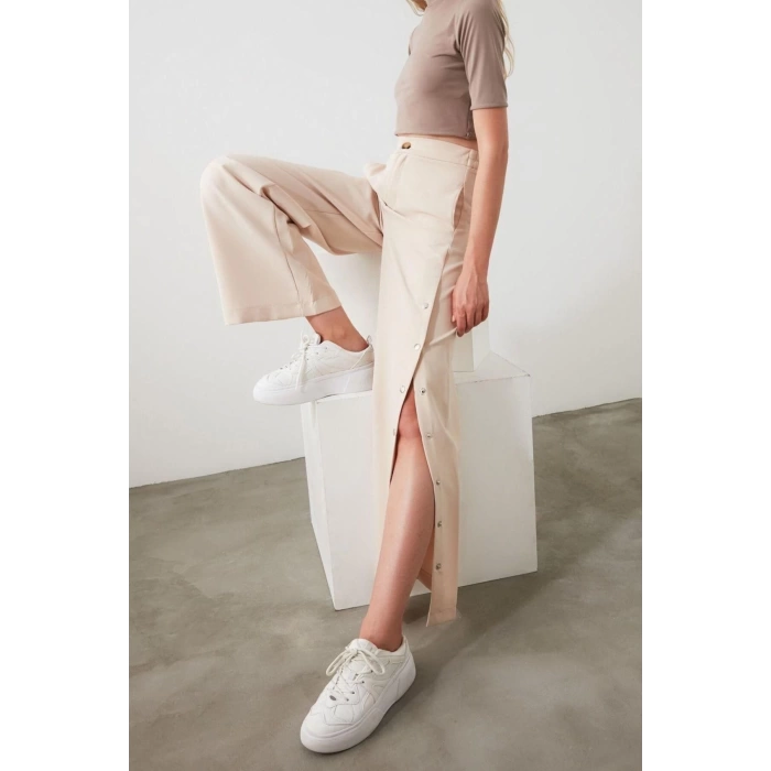 Womens New Fashion Wide Leg Regular Length Woven Wide Leg Wide Leg Side Buttoned Trousers