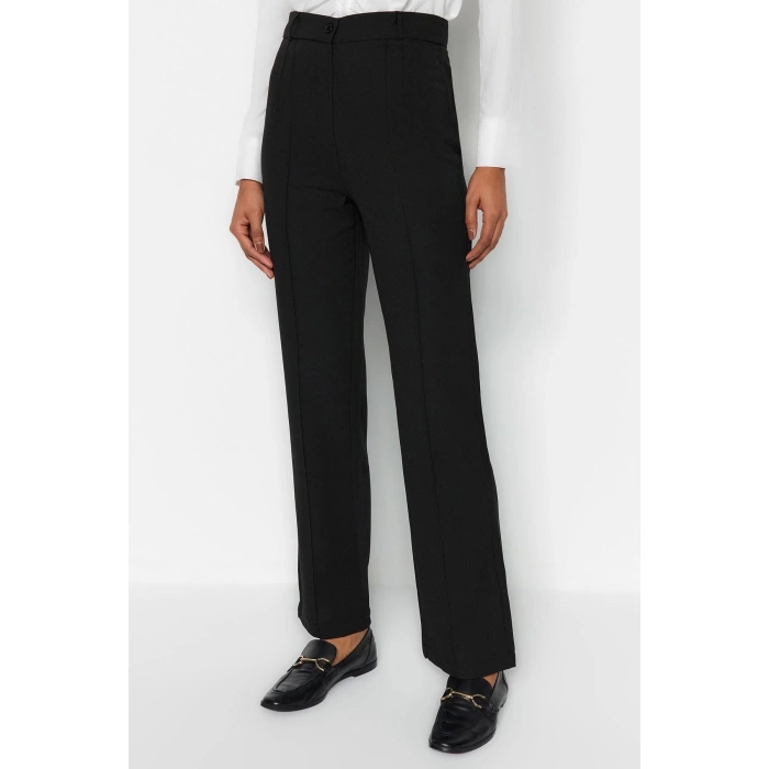Womens New Fashion Straight Leg Long Length Woven High Waist Ribbed Stitched Trousers
