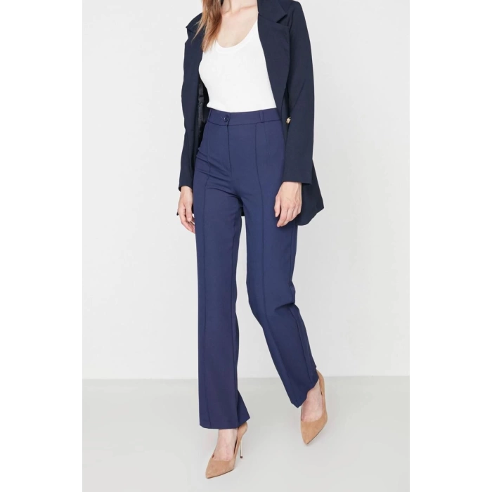 Womens New Fashion Straight Leg Long Length Woven High Waist Ribbed Stitched Trousers