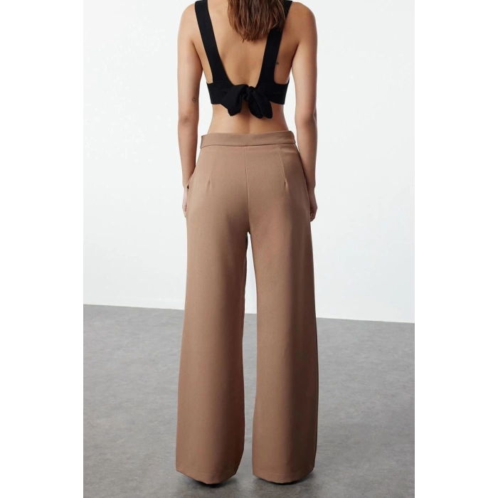 Womens New Fashion Wide Leg Long Length Woven Wide Leg Pleated Trousers