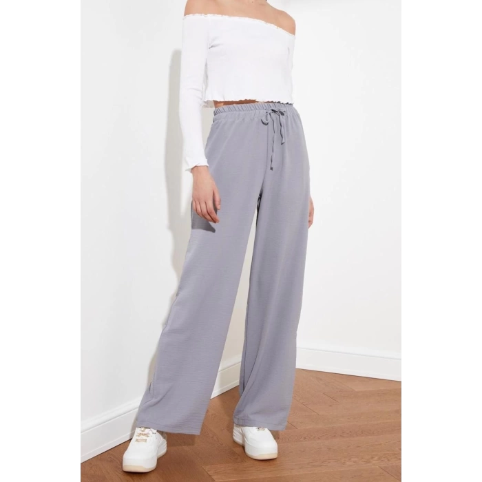 Womens New Fashion Wide Leg Long Length Woven Elastic Waist Wide Leg Wide Leg Trousers