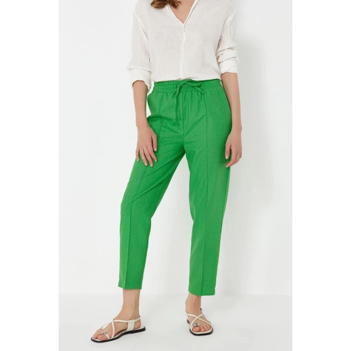 Kadın Yeni Moda Dar Paça Regular Boy Dokuma Beli Lastikli Pull On Keten Karışımlı Pantolon
