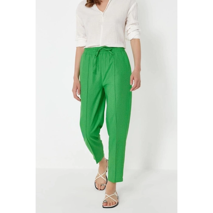 Kadın Yeni Moda Dar Paça Regular Boy Dokuma Beli Lastikli Pull On Keten Karışımlı Pantolon
