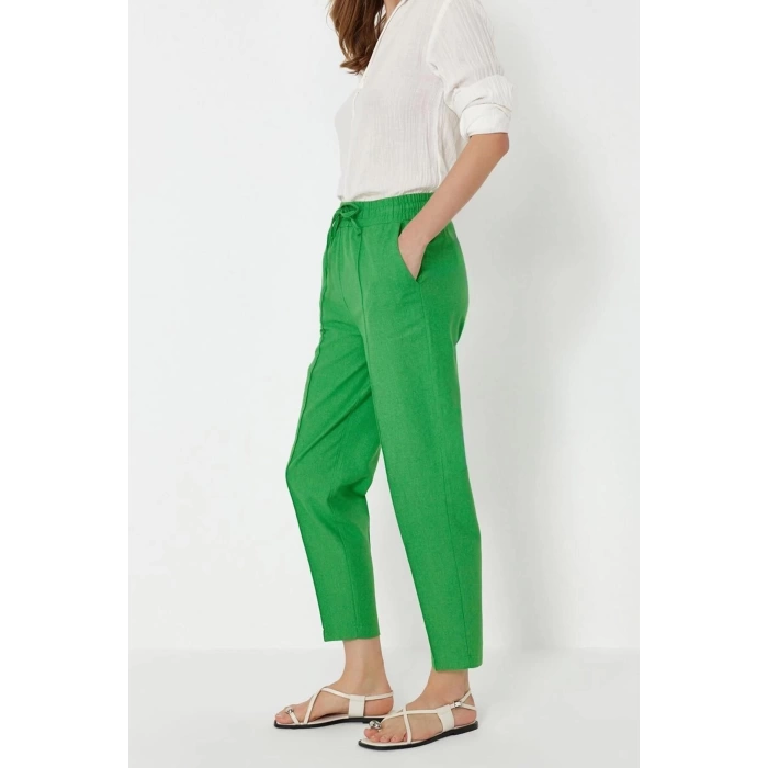 Kadın Yeni Moda Dar Paça Regular Boy Dokuma Beli Lastikli Pull On Keten Karışımlı Pantolon