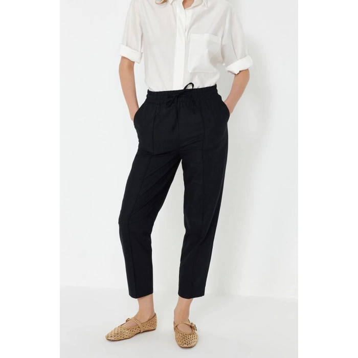 Kadın Yeni Moda Dar Paça Regular Boy Dokuma Beli Lastikli Pull On Keten Karışımlı Pantolon