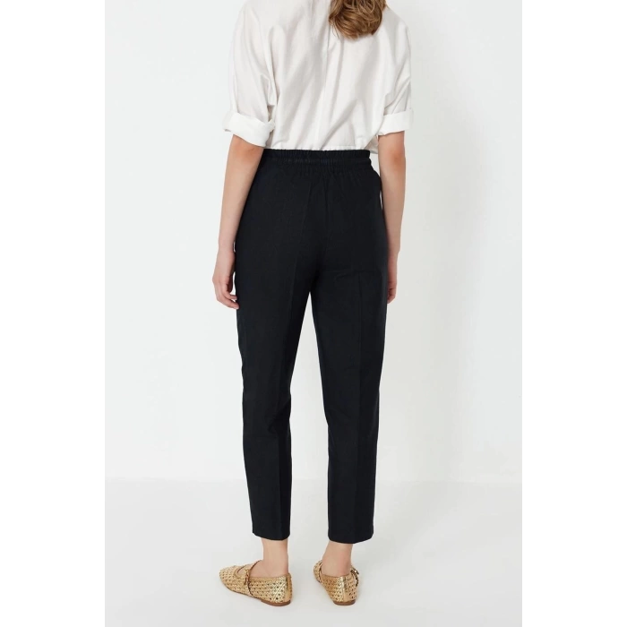 Kadın Yeni Moda Dar Paça Regular Boy Dokuma Beli Lastikli Pull On Keten Karışımlı Pantolon