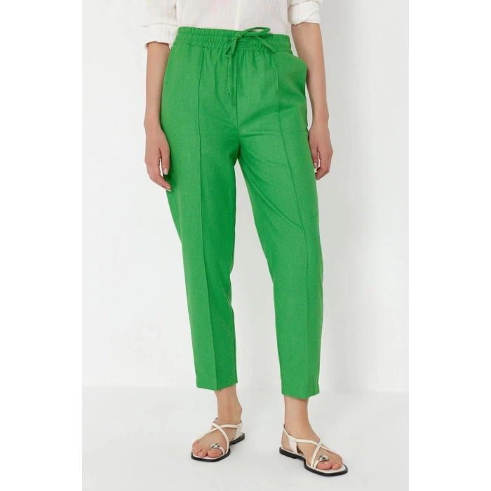 Kadın Yeni Moda Dar Paça Regular Boy Dokuma Beli Lastikli Pull On Keten Karışımlı Pantolon