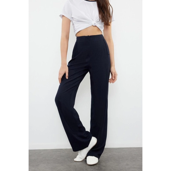 Womens New Fashion Wide Leg Regular Length Woven Linen Look Wide Leg Wide Leg High Waist Trousers