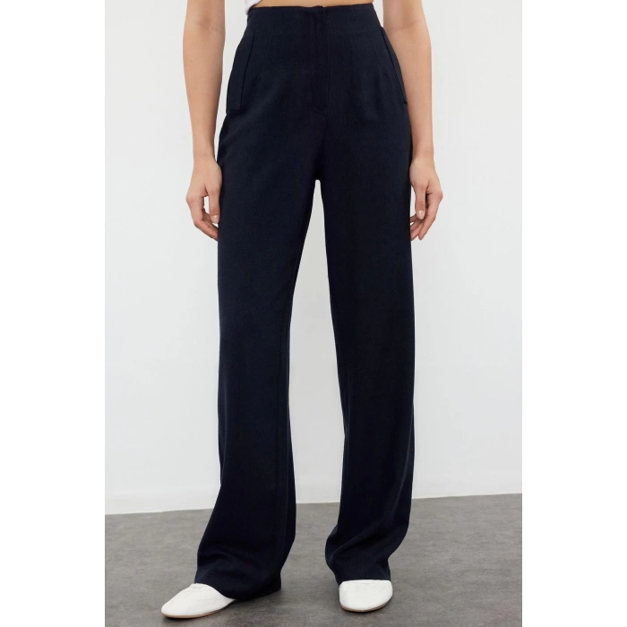 Womens New Fashion Wide Leg Regular Length Woven Linen Look Wide Leg Wide Leg High Waist Trousers