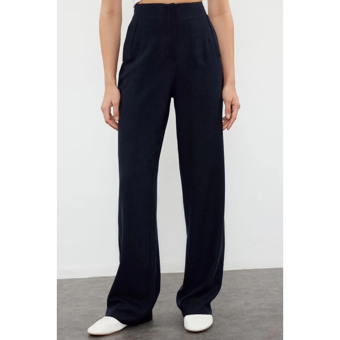 Womens New Fashion Wide Leg Regular Length Woven Linen Look Wide Leg Wide Leg High Waist Trousers
