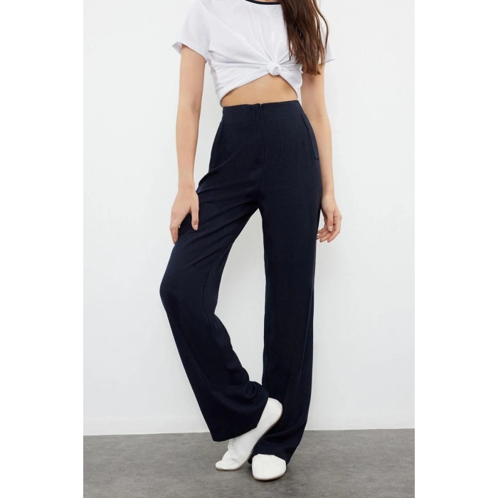 Womens New Fashion Wide Leg Regular Length Woven Linen Look Wide Leg Wide Leg High Waist Trousers