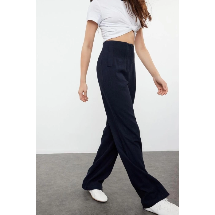 Womens New Fashion Wide Leg Regular Length Woven Linen Look Wide Leg Wide Leg High Waist Trousers