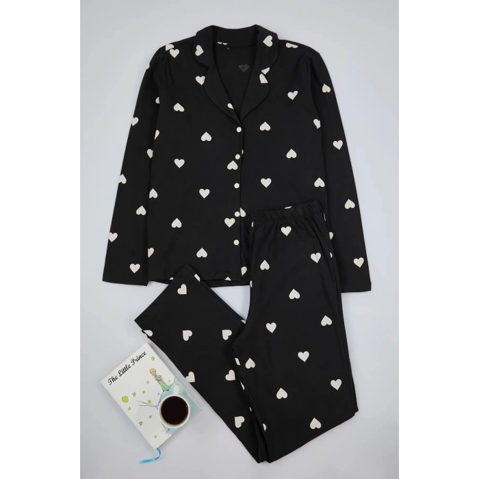 Womens Fashion Stylish Plus Size Shirt Collar Wide Leg Long Sleeve Cherry Heart Knitted Pajama Set