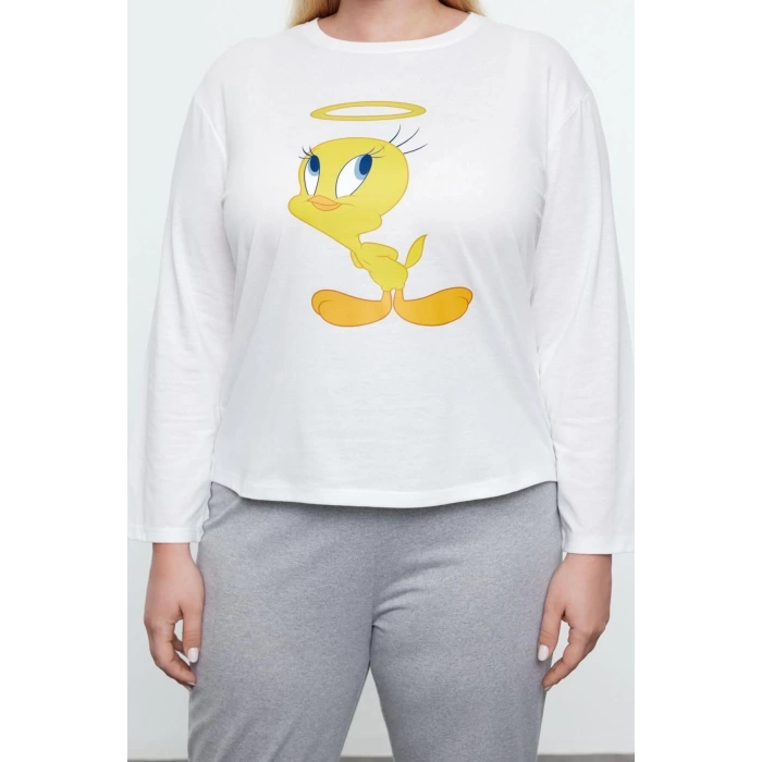 Women Fashion Stylish Plus Size Crew Neck Tube Leg Long Sleeve Tweety Knitted Pajama Set