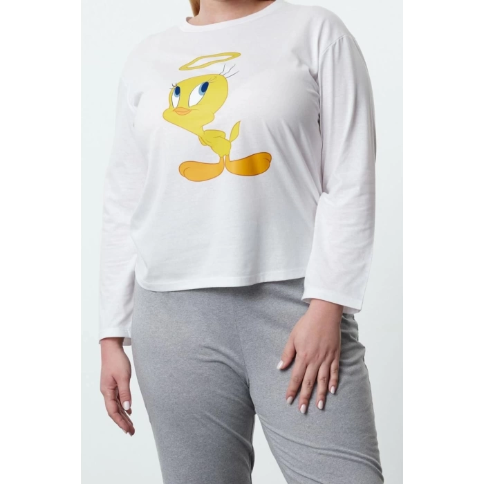 Women Fashion Stylish Plus Size Crew Neck Tube Leg Long Sleeve Tweety Knitted Pajama Set