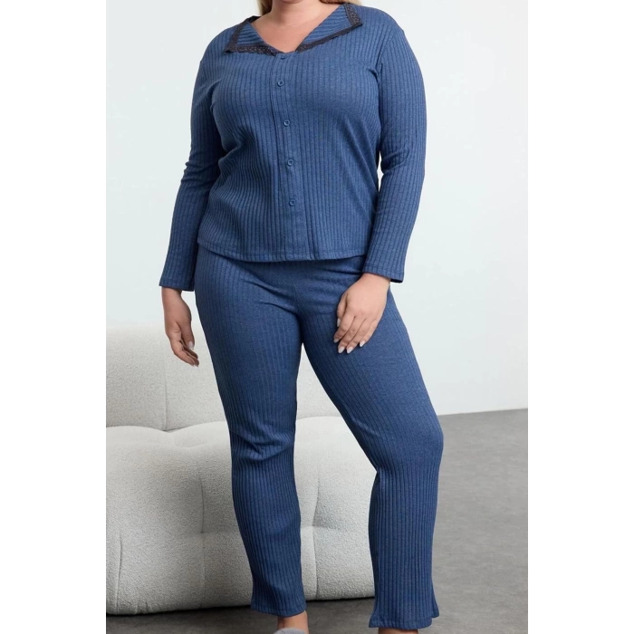 Kadın Moda Şık Büyük Beden V Yaka Boru Paça Uzun Kol Fitilli Dantelli Örme Pijama Takımı