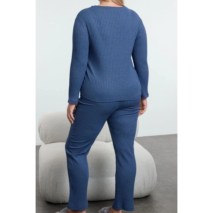 Kadın Moda Şık Büyük Beden V Yaka Boru Paça Uzun Kol Fitilli Dantelli Örme Pijama Takımı