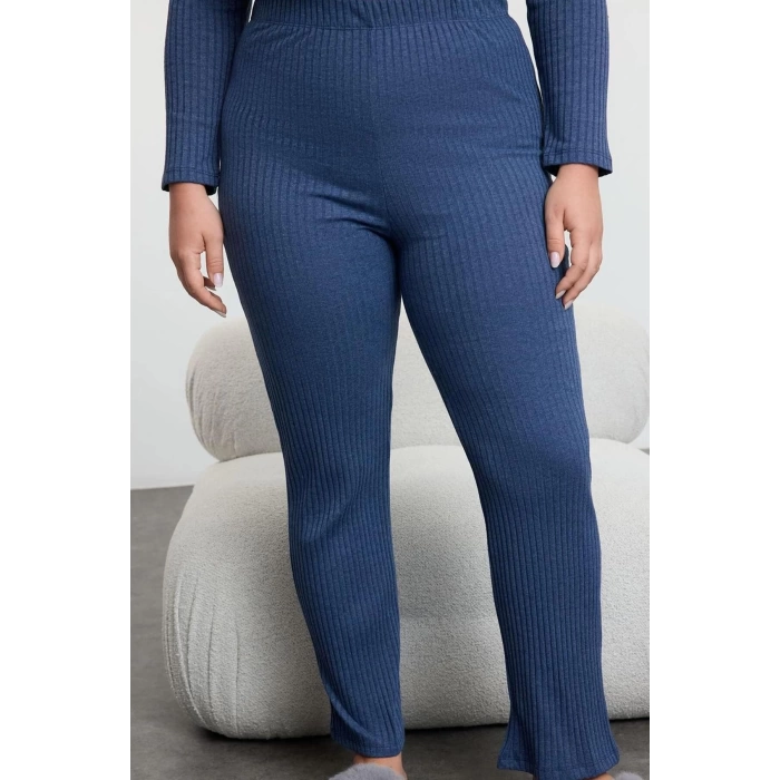 Kadın Moda Şık Büyük Beden V Yaka Boru Paça Uzun Kol Fitilli Dantelli Örme Pijama Takımı