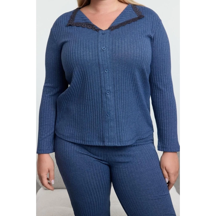 Kadın Moda Şık Büyük Beden V Yaka Boru Paça Uzun Kol Fitilli Dantelli Örme Pijama Takımı