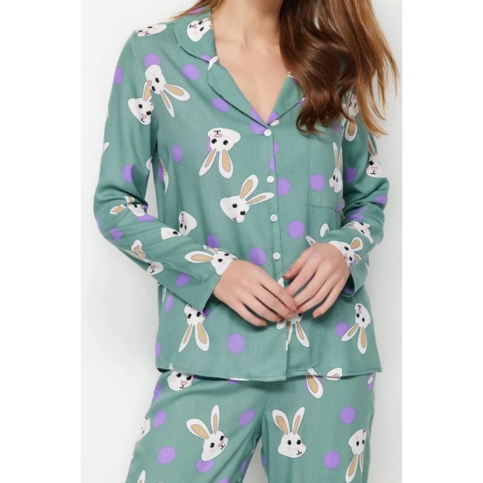 Women Fashion Stylish Shirt Collar Tube Leg Long Sleeve Rabbit Patterned Viscose Woven Pajama Set