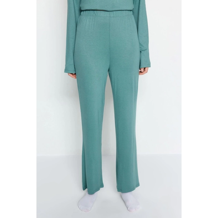 Kadın Bisiklet Yaka Boru Paça Uzun Kol Lacivert Yırtmaç Detaylı Tshirt-Pantolon Örme Pijama Takımı