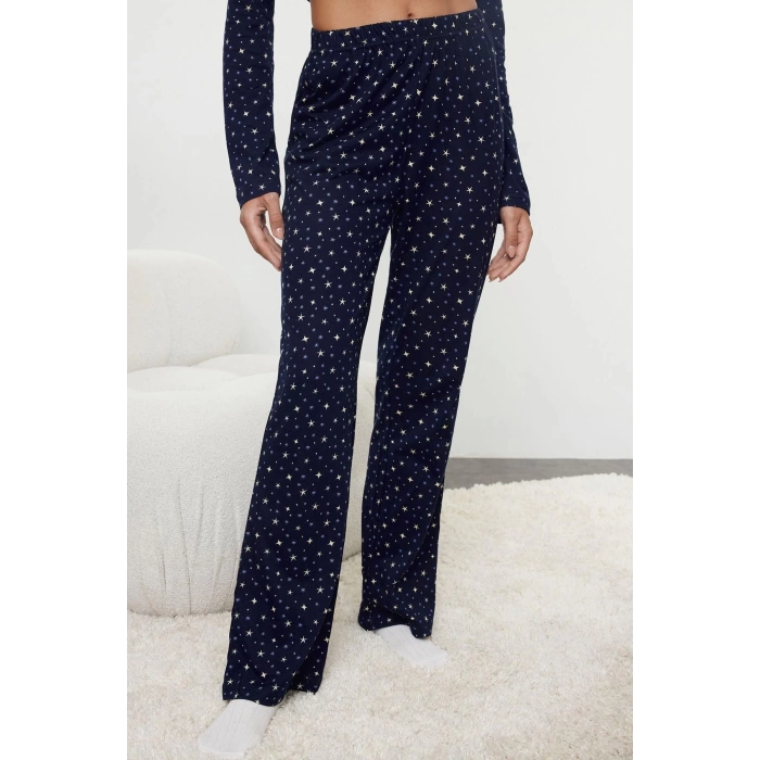 Womens Fashion Stylish Shirt Collar Wide Leg Long Sleeve 100% Cotton Galaxy Patterned Knitted Pajama Set
