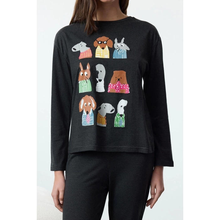 Kadın Moda Şık Bisiklet Yaka Lastikli Paça Uzun Kol Hayvan Baskılı Örme Pijama Takımı