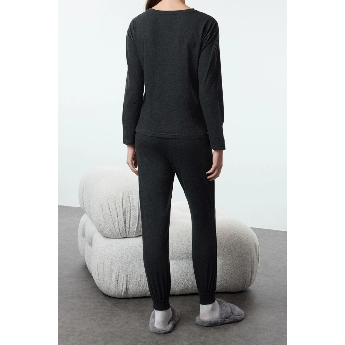 Kadın Moda Şık Bisiklet Yaka Lastikli Paça Uzun Kol Hayvan Baskılı Örme Pijama Takımı