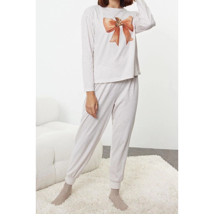 Kadın Moda Şık Bisiklet Yaka Lastikli Paça Uzun Kol Hayvan Baskılı Örme Pijama Takımı