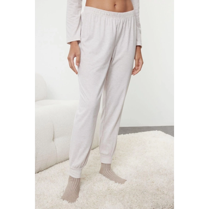 Kadın Moda Şık Bisiklet Yaka Lastikli Paça Uzun Kol Hayvan Baskılı Örme Pijama Takımı